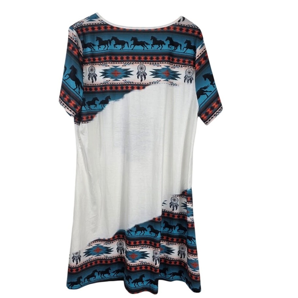 Southwestern Horse Print V-Neck Tunic Women 2X White Blue Aztec Tribal Tee - Picture 3 of 5
